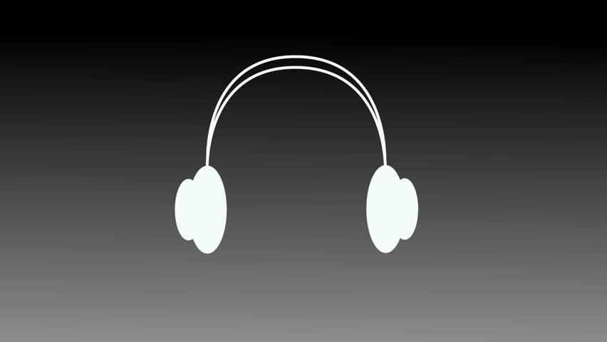 White headphones icon with sound waves on dark gray gradient background, clean audio listening symbol with minimal digital design, modern music interface animation.