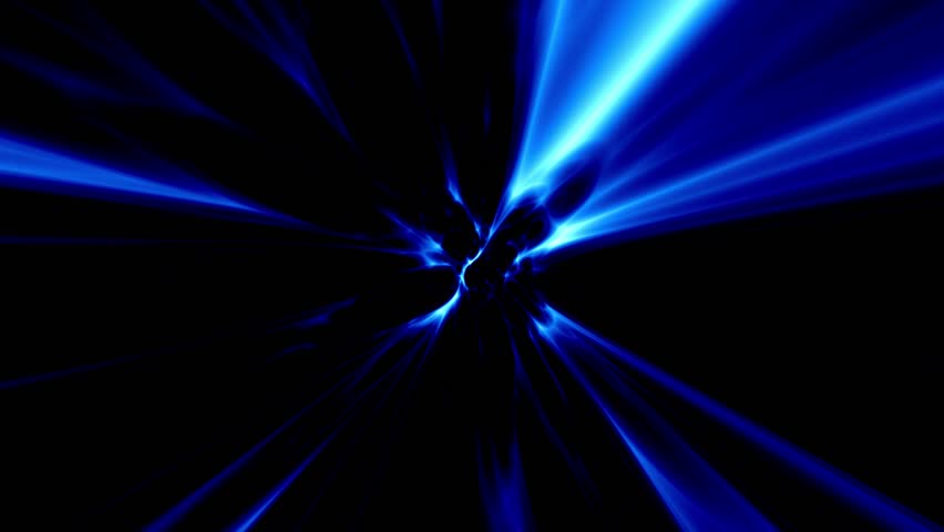 An abstract motion background featuring bright blue beams of light traveling through a dark tunnel creating a high speed warp effect representing space travel or digital data flow in a futuristic concept.