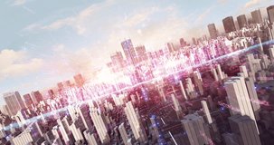 Digital network lines connecting skyscrapers in smart city. Technology Related 3D Animation. - Powered by Shutterstock - Get 15% off with code: PIKWIZARD15