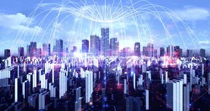 Skyline of smart city with 5G wireless signals and optical fibers. Technology Related 3D Animation. - Powered by Shutterstock - Get 15% off with code: PIKWIZARD15