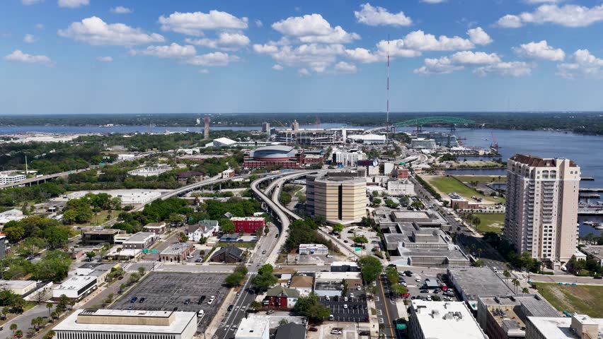 Aerial footage of the cityscape in downtown Jacksonville Florida USA