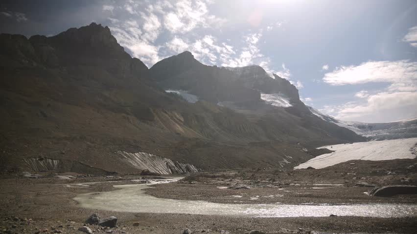 Majestic Athabasca Glacier along the scenic Icefields Parkway between Banff and Jasper National Parks, Alberta, Canada. Road trip in Canada. Rocky mountains.