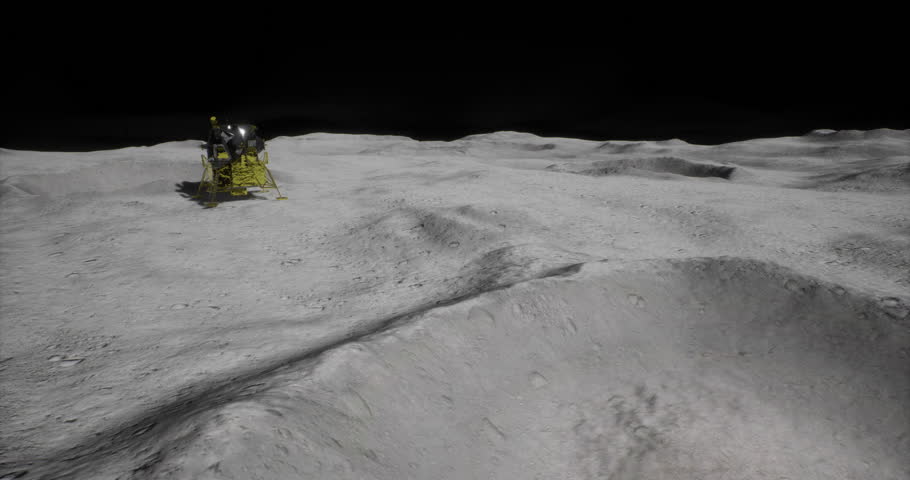 Astronauts conduct activities on the moons surface near a lunar landing module. The landscape features gray dust and rocky terrain under a dark sky, showcasing the desolate beauty of the moon.