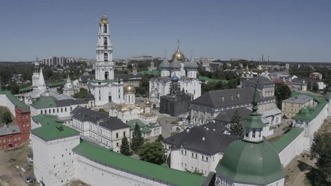 Aerial View Descending Over Cathedral Domes in Sergiev Posad