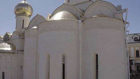 Aerial Drone Shot of Monastery Golden Domes in Sergiev Posad