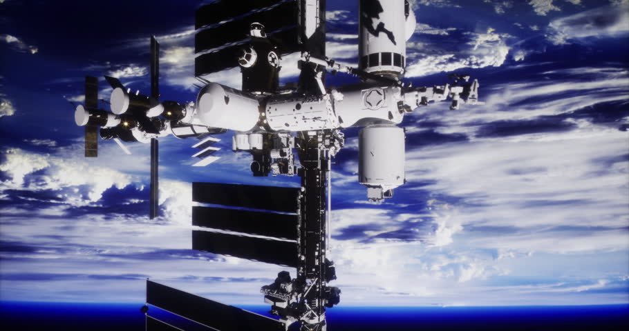 The International Space Station is positioned in low Earth orbit, showcasing its solar panels and modules against a vibrant blue sky filled with clouds.