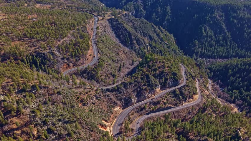 Winding switchback road of Arizona climbs through Oak Creek Canyon connecting Flagstaff and Sedona in Arizona