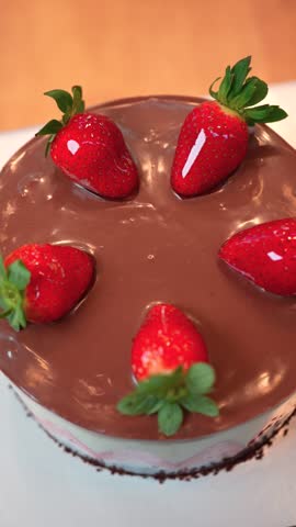 Vertical Close Up of Chocolate Cake Topped with Fresh Strawberries on Rotating Stand
