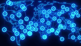 Futuristic Digital World Map Featuring A Global Network Of Glowing Blue Gear Icons With Integrated Qr Codes Connected By Intricate Data Lines On A Dark Background. This Conceptual Visualization Repres - Powered by Shutterstock - Get 15% off with code: PIKWIZARD15