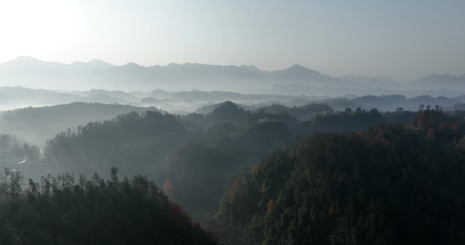 Sunrise landscape over winter mountains in Hunan province,China