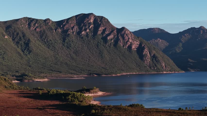 Dawn over Lake Burbury, Queenstown, Tasmania, Australia Aerial Drone 4K