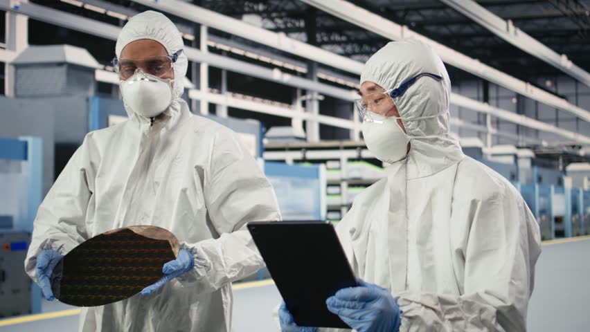 Multiracial technicians analyzing delicate electronic component in semiconductor factory cleanroom. Teamworking coworkers in bunny suit monitoring silicon wafer manufacturing yields, camera A