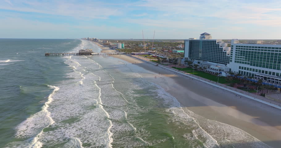 Aerial view of Florida city of Daytona Beach. Seaside condominiums and high-end hotels dominate the landscape of this southern USA tourist city.