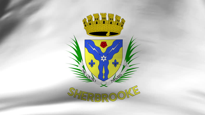 Slow motion closeup waving flag of Sherbrooke Canada
