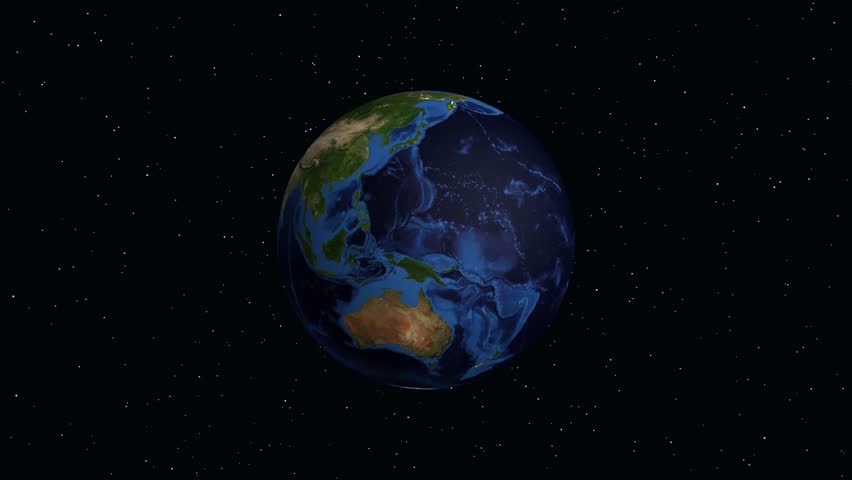 A digital animation zooms from space into Surabaya, Indonesia, displaying specific latitude and longitude