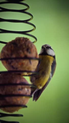 A captivating vertical close-up of a Eurasian Blue Tit feeding from a garden bird feeder, capturing a delicate and lively moment in nature. The bird’s vibrant blue, yellow, and white plumage creates a striking focal point, beautifully contrasted against the soft green background. Its focused posture and tiny movements add a sense of realism and charm. Natural lighting enhances fine feather details and textures, delivering a crisp and colorful scene. Perfect for wildlife content, garden visuals, and educational storytelling, this high-quality footage offers both elegance and strong visual appeal.