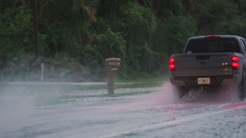 Suburban Florida neighborhood submerged after hurricane flooding, with cars cautiously driving through high water on residential streets.
