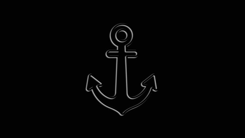 The minimalistic outline of a marine anchor is a white silhouette on a black background, an isolated animated icon on a black background, a symbol of relaxing at sea.
