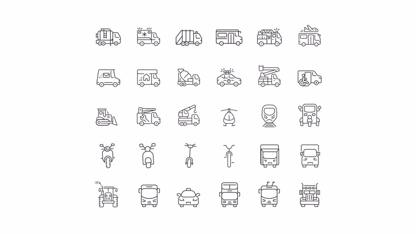 Animated public transport service line icons. Passenger and freight service animation set. Vehicle types. Transportation industry. Outline elements on white background. HD video with alpha channel