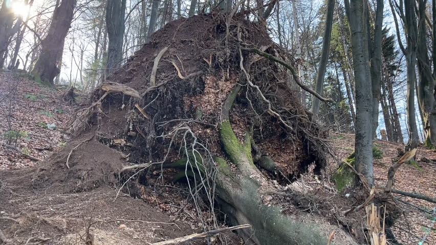 Large fallen tree with exposed roots and broken branches lying across a forest floor, showing storm or wind damage in a leafless woodland landscape.