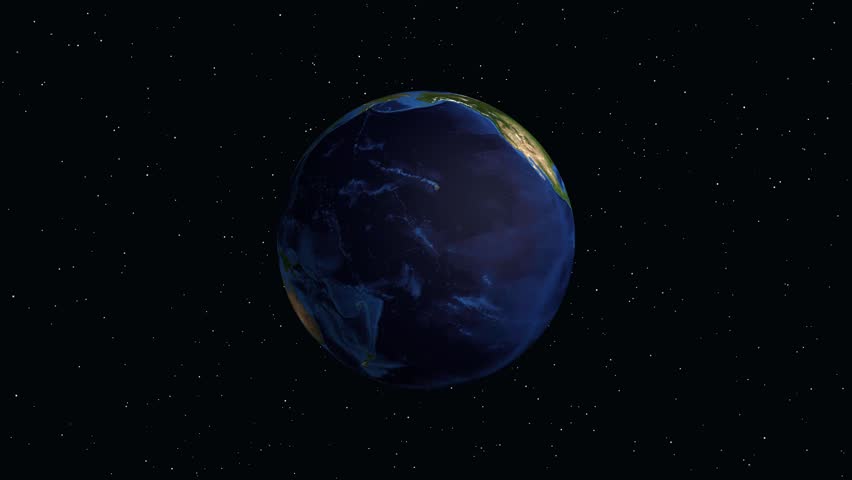 Digital animation zooms from space into Medellin Colombia with text overlay showing population statistics