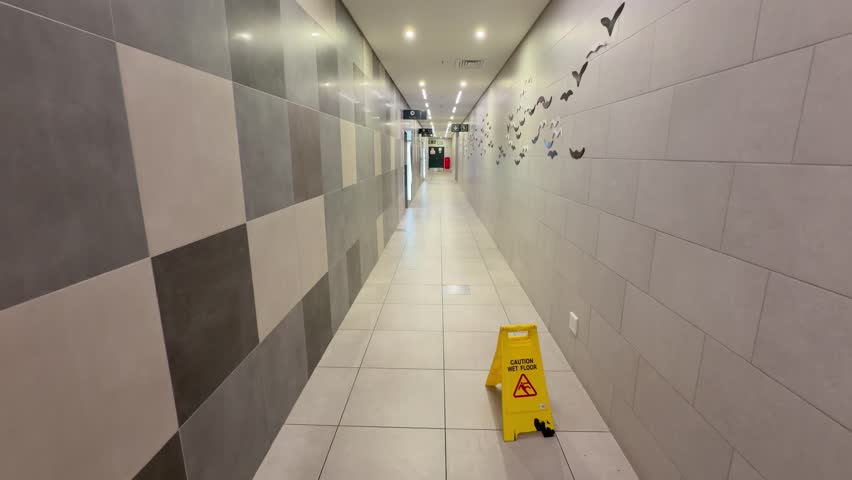 A long corridor which leads to a public toilet in a mall.
