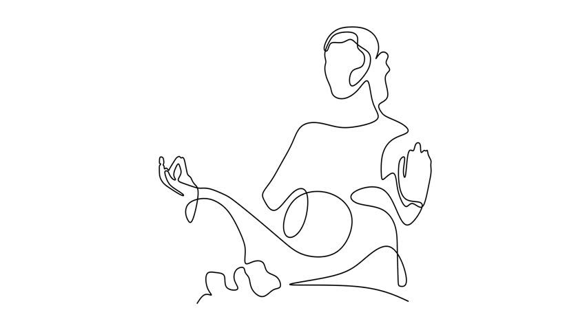 Animated self drawing of continuous line draw of  woman meditating in yoga pose.  Full length one line animation. 4K