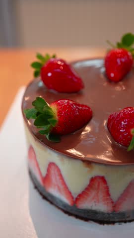 Vertical Macro Shot of Layered Cake with Strawberries and Chocolate Topping