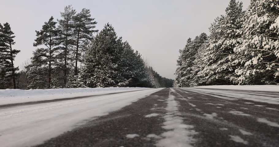 paved road for cars through a forest in the snow , a narrow track covered with snow from cars in the forest in the winter, trees grow on the side of the road in the snow in a forest