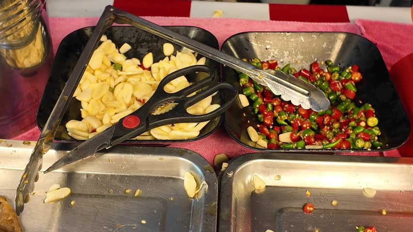 Chopped Garlic and Chili Peppers on Tray Street Food Preparation Asian Cooking Ingredients 4K