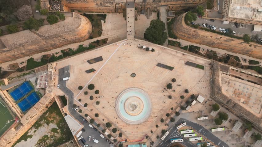 Valletta Drone old town revealing horizon, Aerial tilt up, Malta. Tritons fountain and city gates