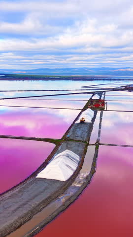Large white salt mounds on a path between vibrant pink evaporation basins with distant mountains. Salt production with white piles and ponds. Vertical video.