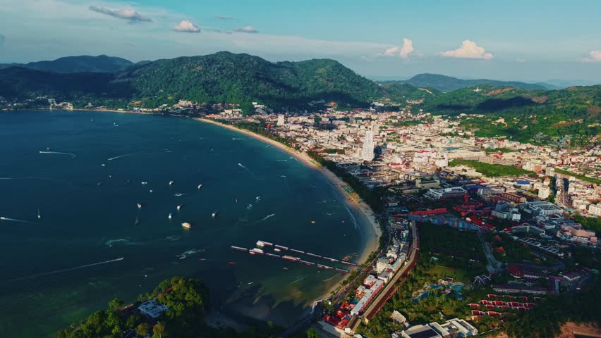 Aerial view of Patong beach, Phuket island coastline in Thailand.