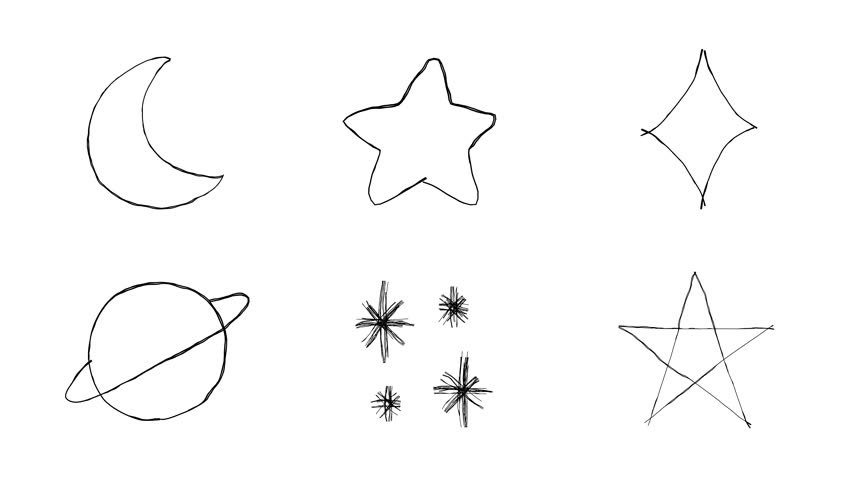 A collection of doodle line art illustrations with a night sky motif. A hand-drawn icon video with moving lines. A looping 4K animation. A collection of space-related symbols