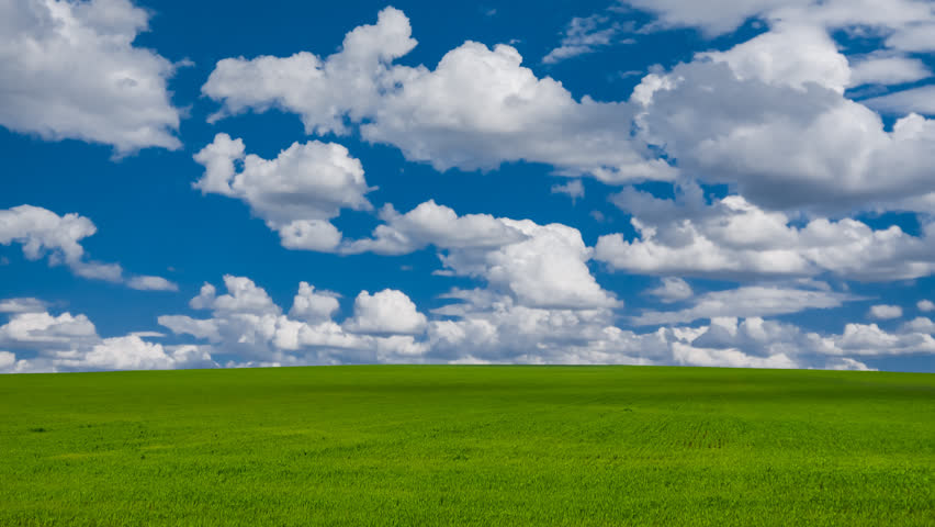 beautiful green meadow under a cloudy sky, rural agricultural landscape time lapse scene