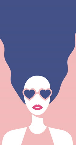 Vertical Retro Pop Art Loop Animation. Stylish Woman in Heart-Shaped Glasses and Hair Blowing in the Wind on a pastel background. Flat Vector with Limited Color Palette