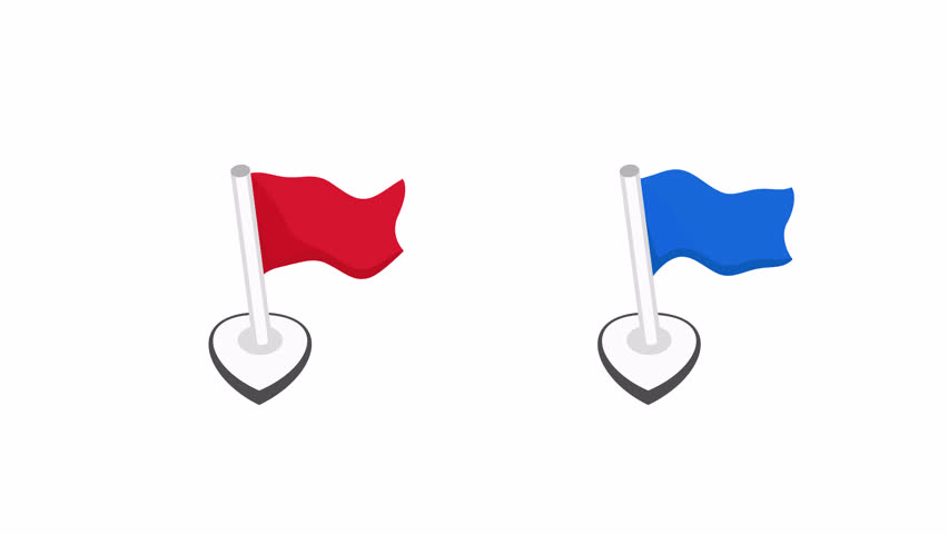 Map location pins with red and blue flags in flat vector style, navigation animation asset isolated on transparent background with alpha channel