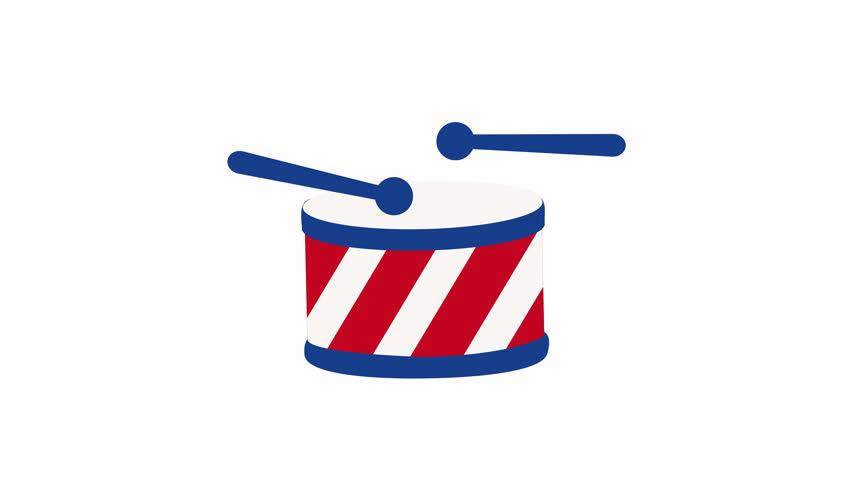 Snare drum with sticks in flat vector style featuring USA Independence Day theme, patriotic animation asset isolated on transparent background with alpha channel