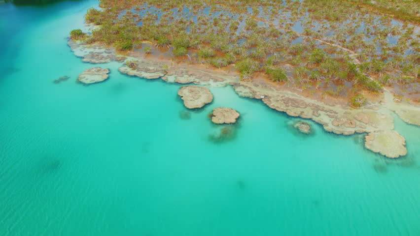 Aerial of stromatolite formations along clear turquoise edge of Bacalar lagoon
