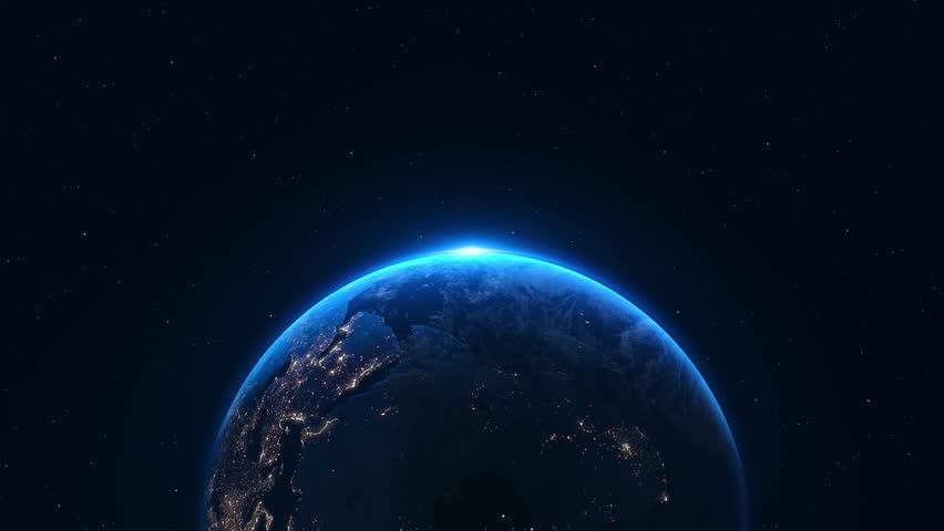 Rotating Earth In Deep Space. Earth Globe 4K. Round Planet In Deep Space. sun rises behind planet earth. Sunrise globe. World top view . Day night transition, news climatic change. 3D Illustration