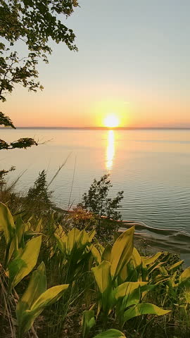 Beautiful sunset on a high river bank. Spring landscape.