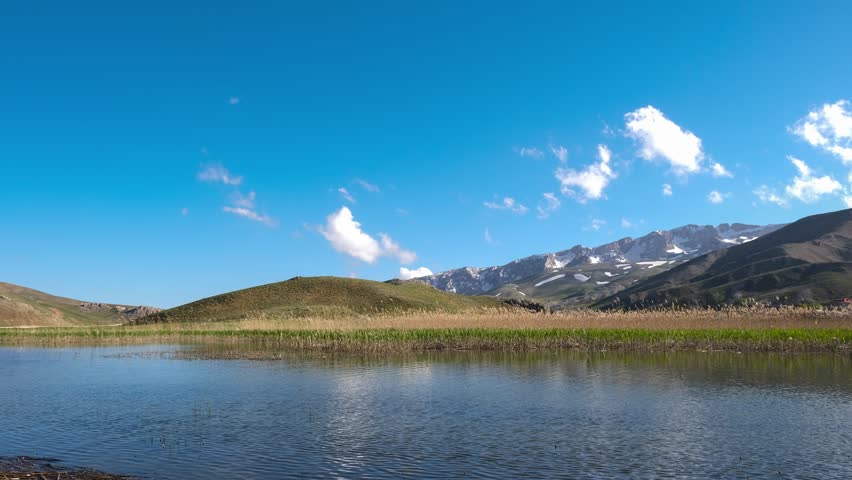 Scenic Lake and Mountain View with Moving Clouds. Cinematic Pan of Mountain Lake and Cloudy Sky. Serene Landscape with Lake Mountains and Sky Movement.