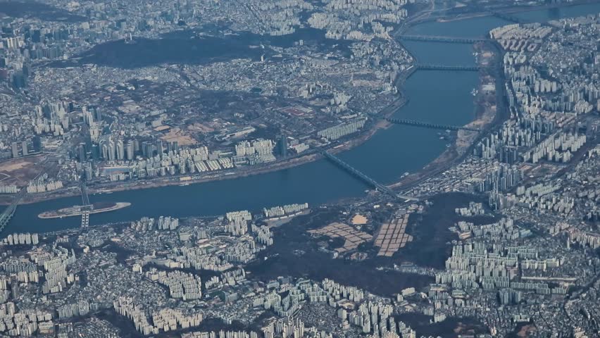 Soul South Korea, View From Airplane FLying Above City, Plane Passenger Point of View