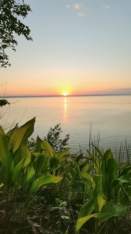 Beautiful sunset on a high river bank. Spring landscape.