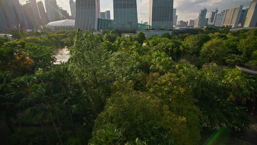 Singapore cityscape view of Marina Bay Sands. Gardens by the Bay beautiful trees in the business park of the tourist capital in Asia.