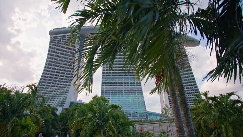 Singapore cityscape view of Marina Bay Sands. Landscape of gardens in urban city business capital of Asia, trees and plants in tourist point of capital.