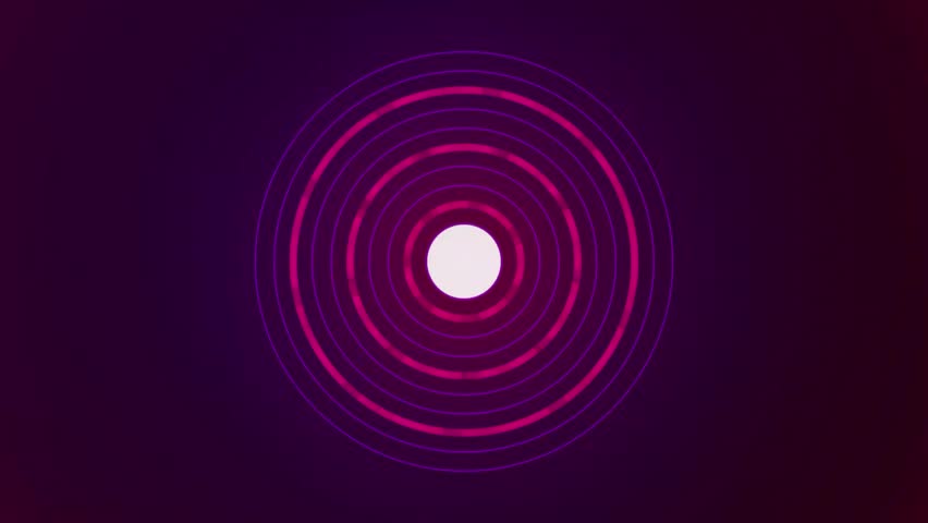 Abstract motion graphics featuring glowing pink and purple concentric circles pulsing from a central white point on a dark background.