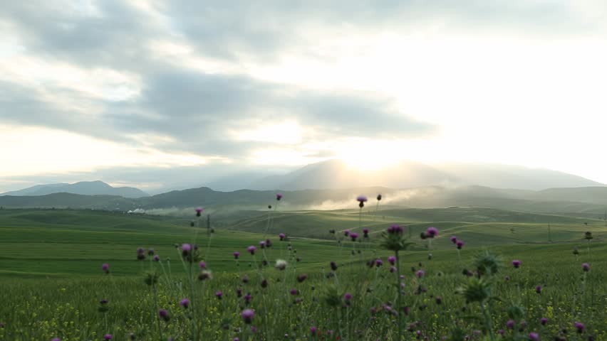 A serene landscape of rolling green hills and meadows under a cloudy sky, with distant mountains and trees showing hints of autumn colors. This picturesque view evokes tranquility and natural beauty.