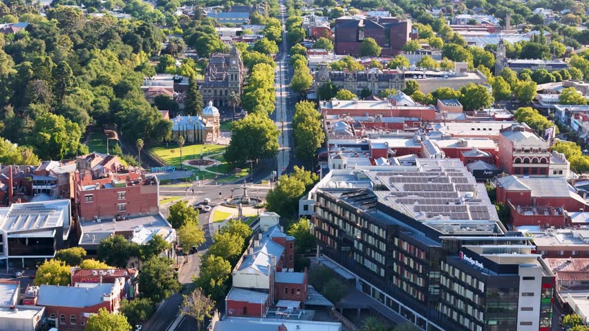 Bendigo Aerial Footage Central Business District Gardens Fountain Visitor Centre Rosalind Park 4K Panorama Victoria Australia