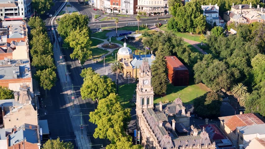 Bendigo Aerial Footage Panoramic View Bendigo City Landmarks Visitor Centre Business District Muesuem, Victoria 4K
